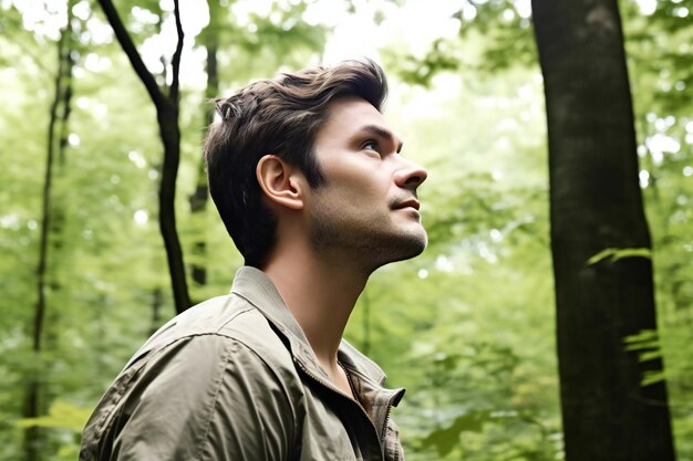 Young man standing in the forest looking up with his eyes closed