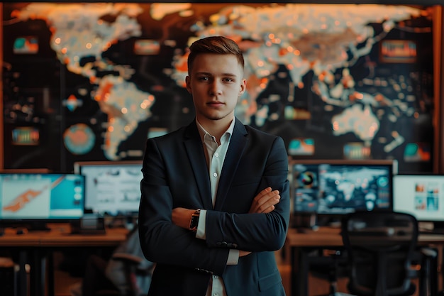 Young man standing in front of computers with world map across front desk