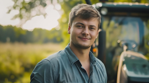 A young man standing in front of a tractor