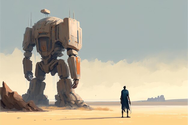 Young man standing and looking at a giant sentinel robot digital art style illustration painting fantasy concept of a boy looking at the robot