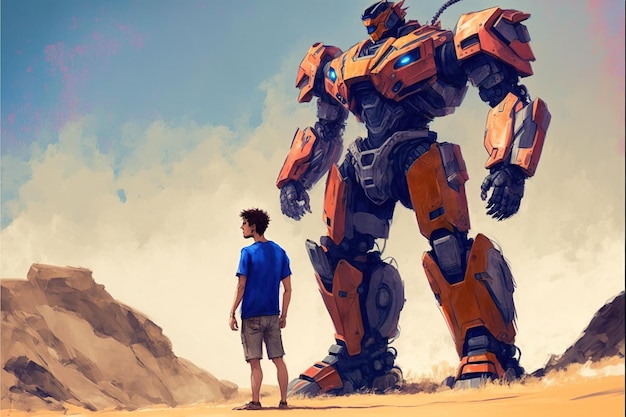 若い男が立って、巨大なセンチネル ロボットを見てデジタル アート スタイル イラスト絵画ファンタジー コンセプト ロボットを見ている少年の