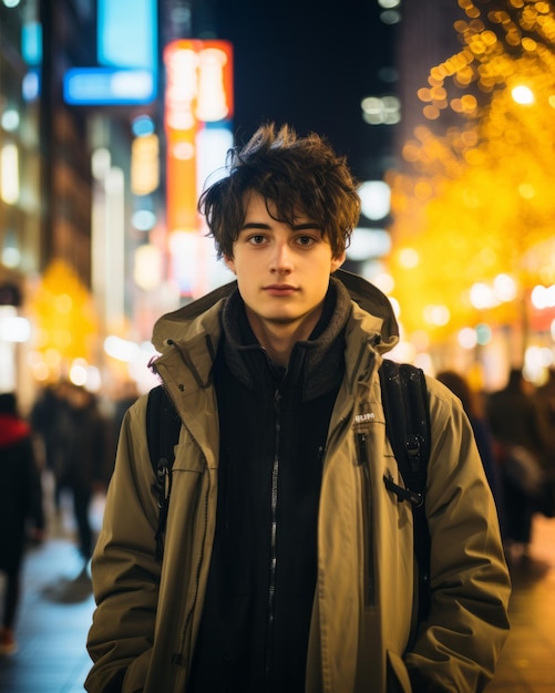 молодой человек, стоящий посреди городской улицы ночью