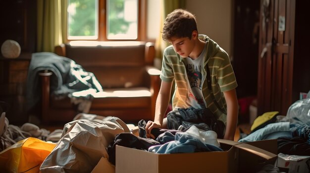 A young man standing next to a pile of clothes Generative AI