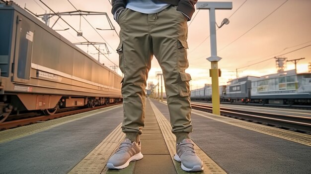 Молодой человек стоит на платформе на вокзале