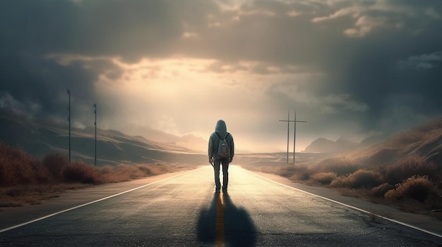 A young man standing on a road in a foggy morninggenerative ai