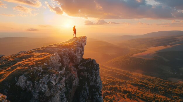 Young man standing on top of cliff in summer mountains at sunset and enjoying view of nature