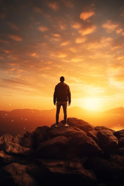 Young man standing on top of cliff in summer mountains at sunset and enjoying view of nature