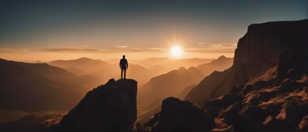 夕方の夏の山々で崖の上に立って、自然の景色を楽しむ若い男