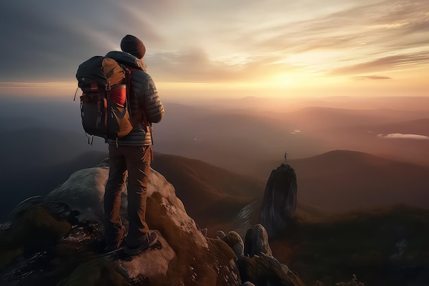 Young man standing on top of cliff in summer mountns at sunset and enjoying view