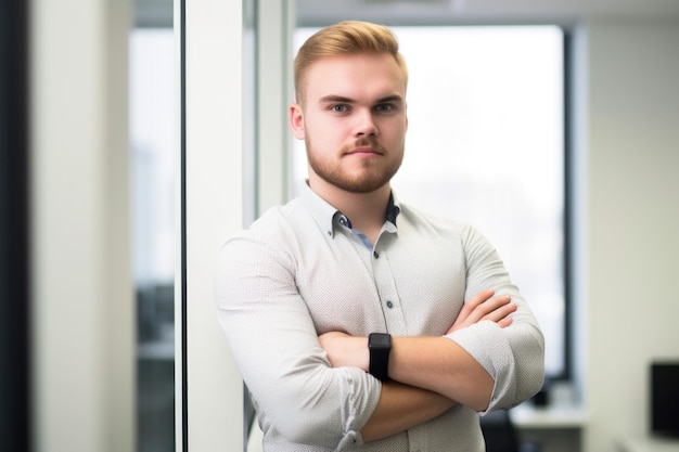 A young man standing with his arms crossed in an office at work created with generative ai