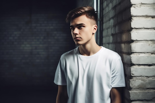 A young man stands in a dark room, wearing a white t - shirt.