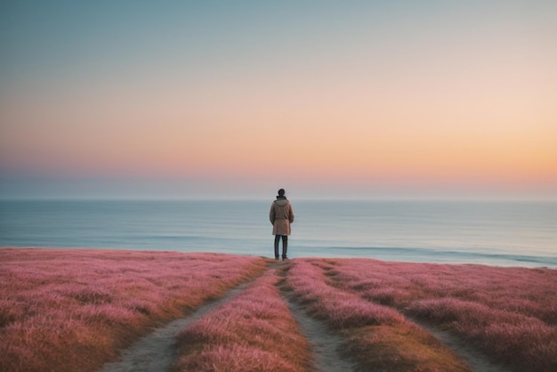 A young man stands on the edge and looks at the sunset