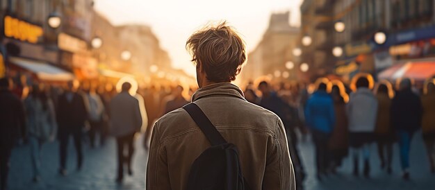 A young man stands in the middle of crowded street