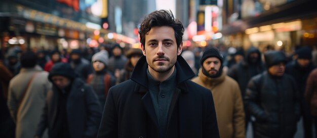 A young man stands in the middle of crowded street