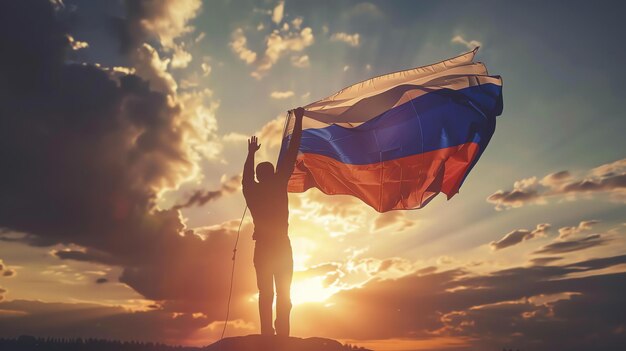 Молодой человек стоит на вершине горы с российским флагом Солнце садится за ним и бросает теплый свет на сцену