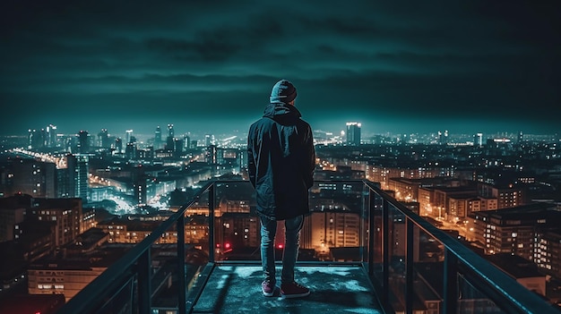 A young man stands on roof of a skyscraper and looks at the night view of a big city Generative AI