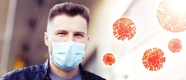 Young man in sterile face mask against corona virus