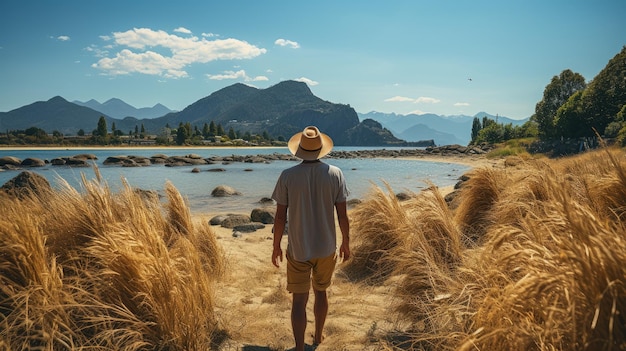 young man in straw hat on the beach with mountains in sunny day