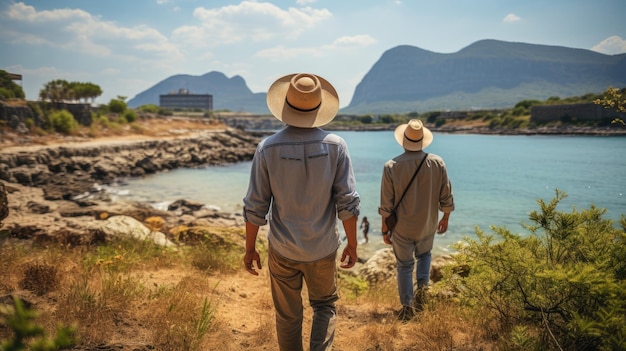 young man in straw hat on the beach with mountains in sunny day