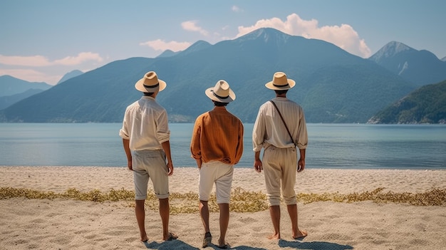 young man in straw hat on the beach with mountains in sunny day