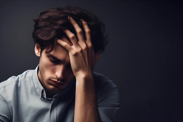 Young man stressed and tired from work on plain dark background ai generative