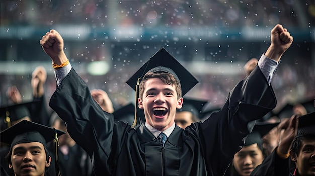 A young man student hands up celebrating university graduate Generative Ai