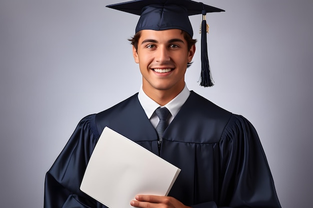 Молодой человек студент с блокнотами показывает большой палец вверх в знак одобрения, улыбаясь удовлетворенный студийный синий цвет