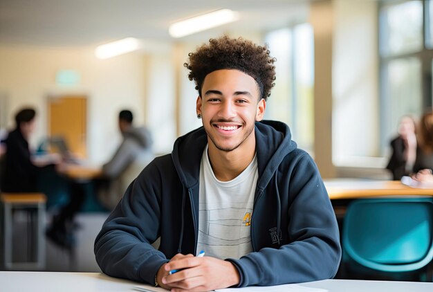 Photo a young man studying at a desk in a classroom