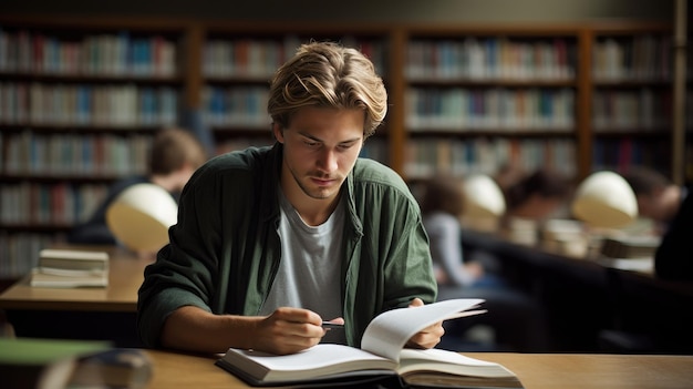 図書館の教育コンセプトで勉強する若い男