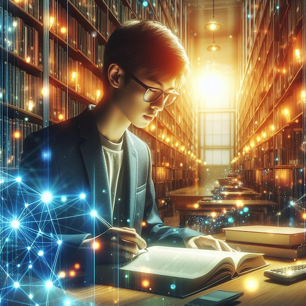 Photo young man studying in the library generative ai