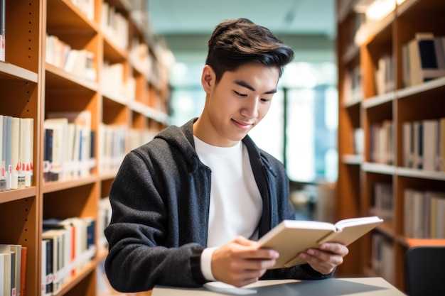 図書館でタブレットで勉強している若い男