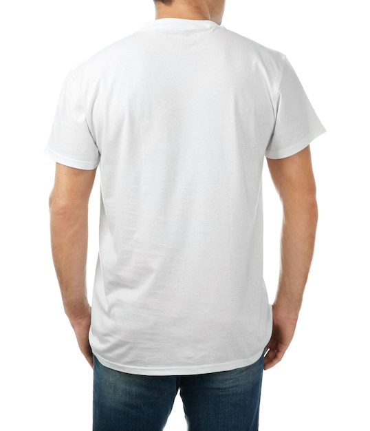 Young man in stylish tshirt on white background Mockup for design