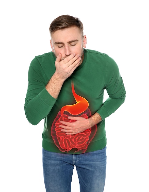 Young man suffering from stomach pain and nausea isolated on white