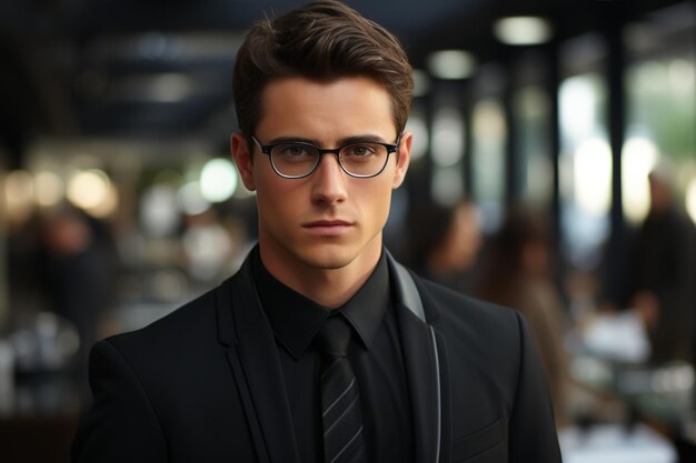 A young man in a suit and glasses is standing in a dark room.