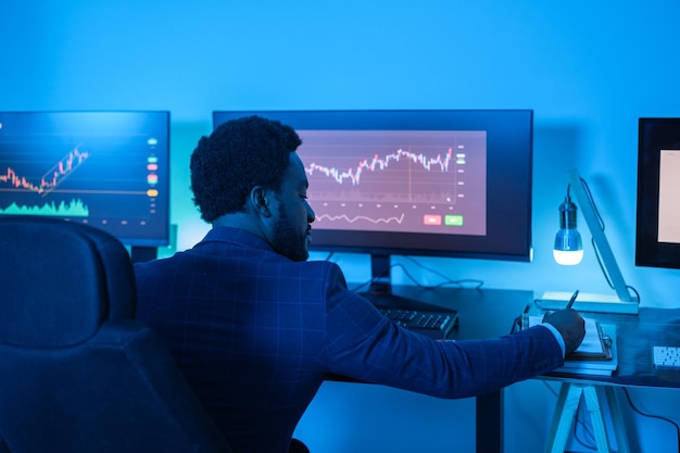 Young man in suit studying the market and making investments Concept Finance business investment