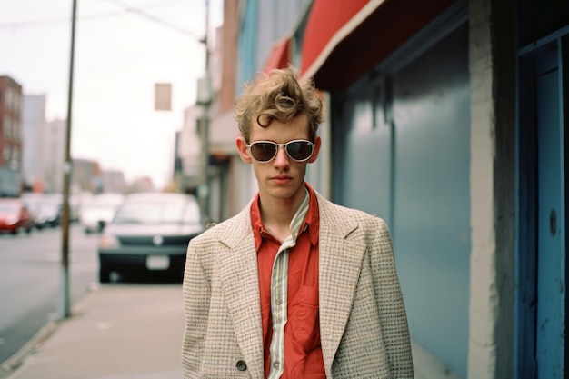 a young man in a suit and sunglasses standing on a city street