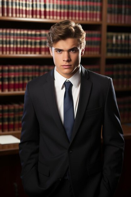 a young man in a suit and tie stands in front of a row of books