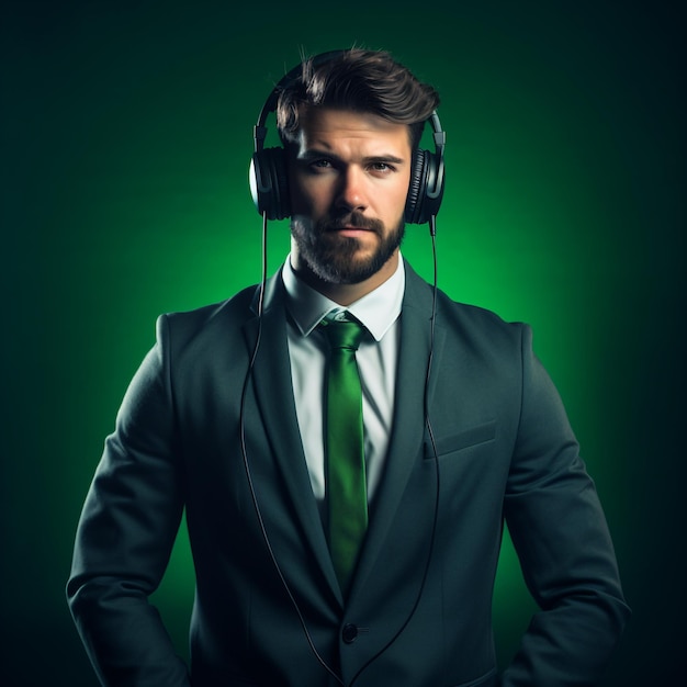 Foto un giovane in abito e con le cuffie in testa che ascolta un audiolibro aziendale dettaglio verde