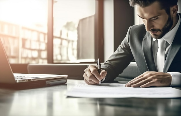 Молодой человек в костюме пишет деловые бумаги за столом в современном офисе