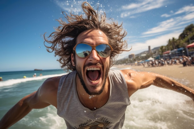 Young man in sunglasses having fun at the californian beach