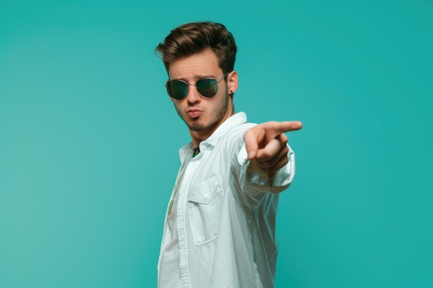 Young man in sunglasses pointing backwards in collage portrait