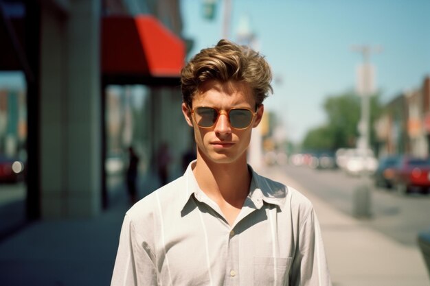 Photo a young man in sunglasses standing on a city street