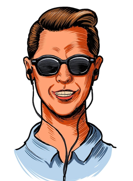 Young man in sunglasses with headphones Handdrawn illustration