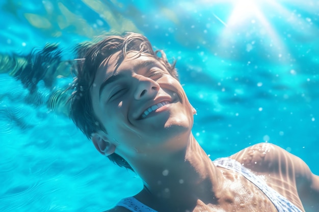 A young man swims under water in a pool.