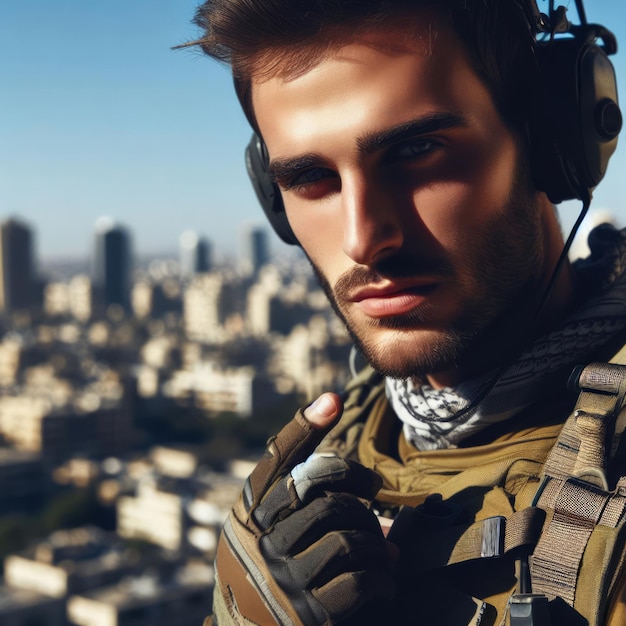 Young man in tactical gear headphones on overlooking a cityscape