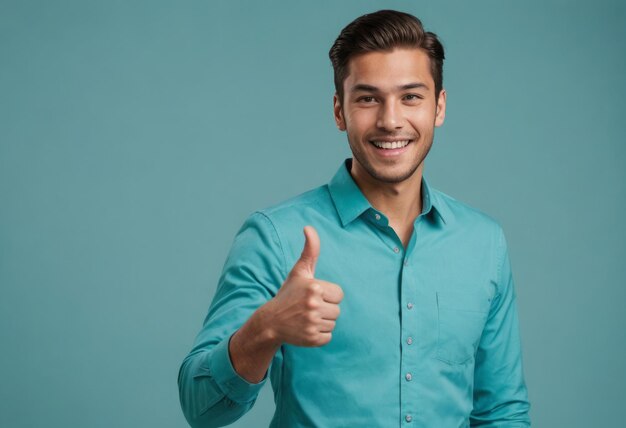 A young man in a teal shirt giving a thumbs up with a confident smile against a teal background