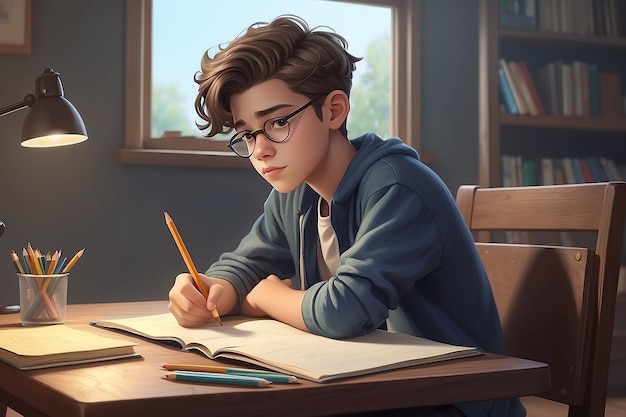 Young man or teen boy sitting at a desk with a pencil in his hand thinking Could be writing a fictio