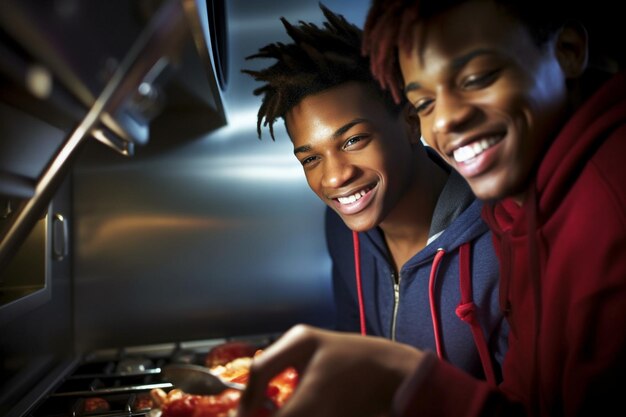 a young man and a teenage boy are cooking in a kitchen with a pan of food.