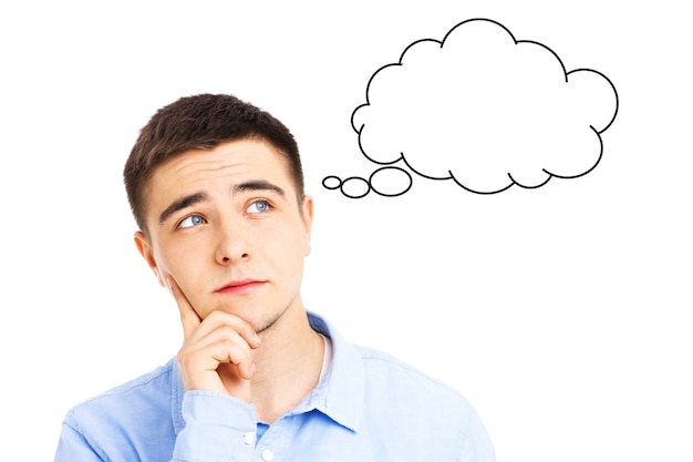 Photo young man thinking with fake cloud over white background