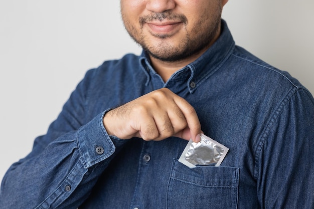 The young man took the condom out of his pocket Campaign for safe sex and contraception Close up male hand holding the condom